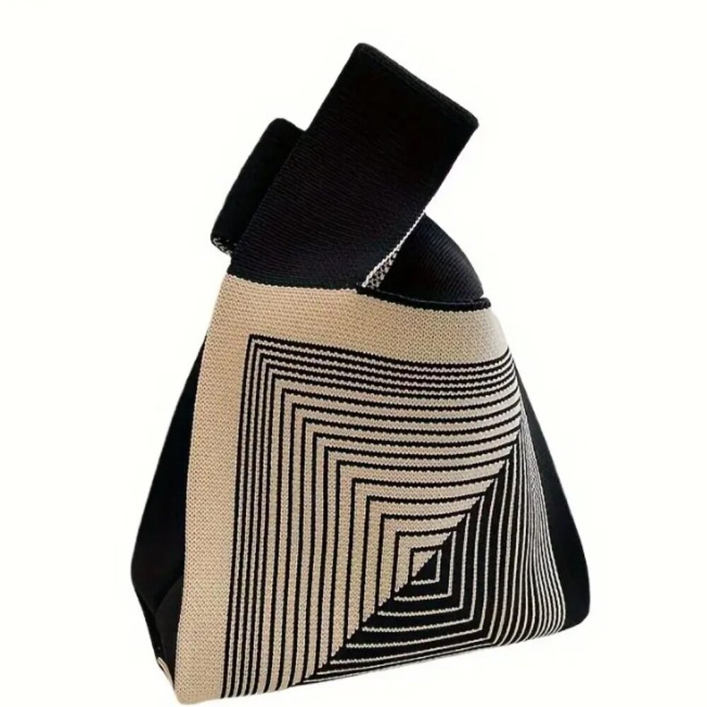 ✨NEW✨ Fashion Geometric Knit Fabric Tote Handbag - Black/Beige